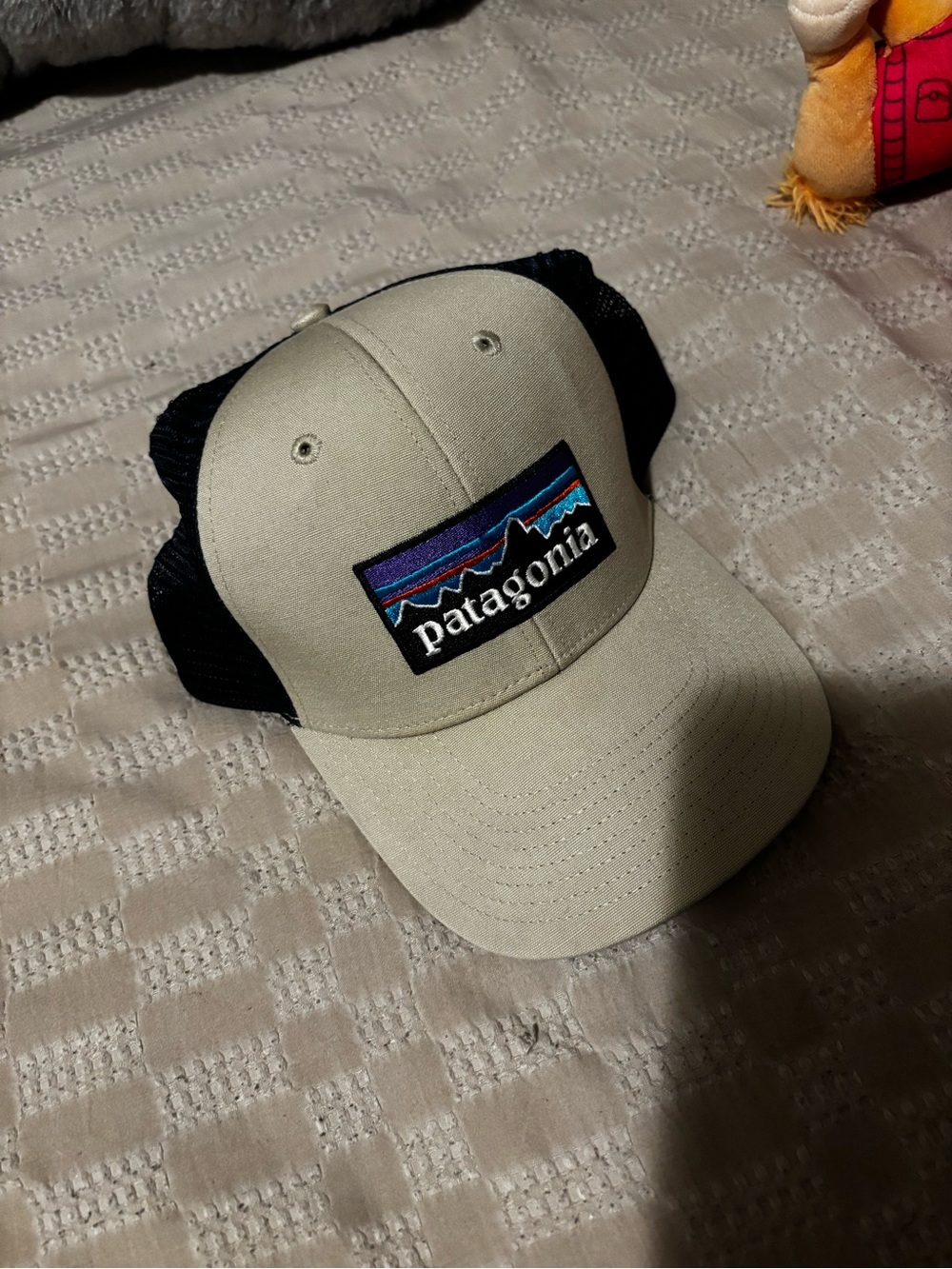 Patagonia Tan Front Black Mesh Trucker Hat with Multicolor Logo Patch